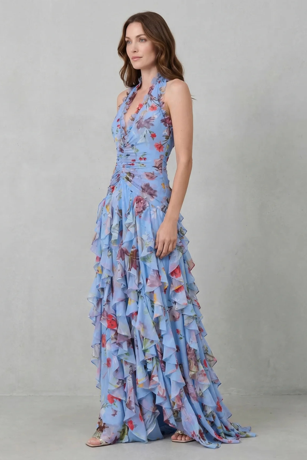 Belladina – Cascada de rosas románticas – Vestido maxi con cuello halter
