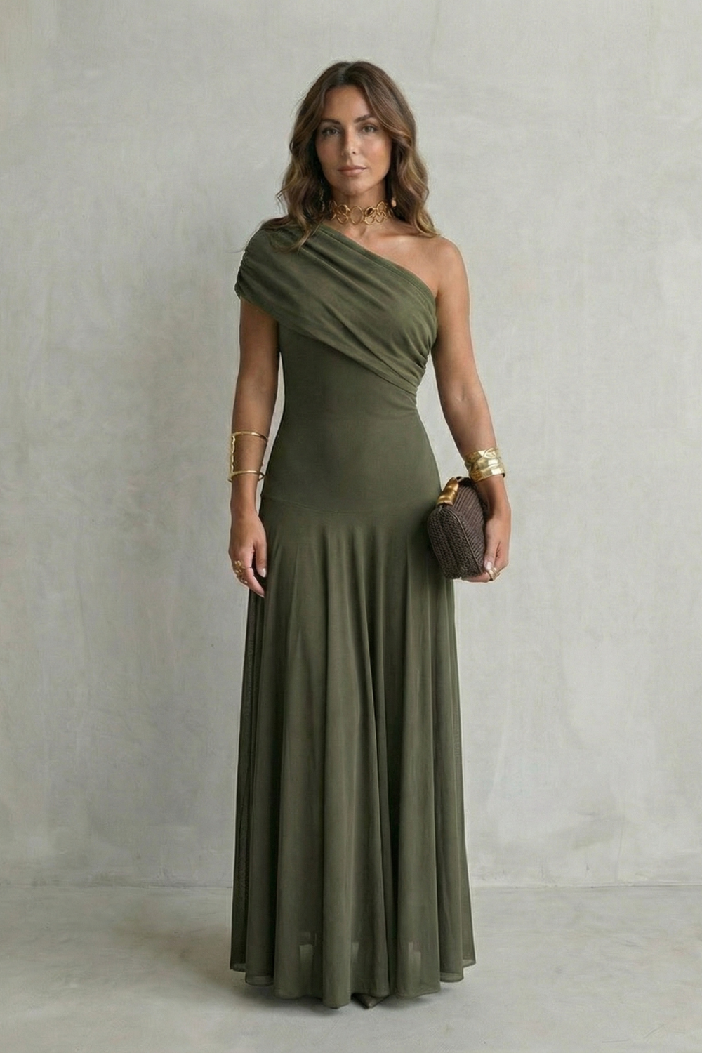 Bellamare – Elegante vestido maxi con escote drapeado de un solo hombro