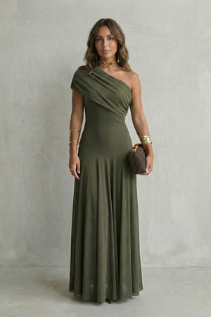 Bellamare – Elegante vestido maxi con escote drapeado de un solo hombro