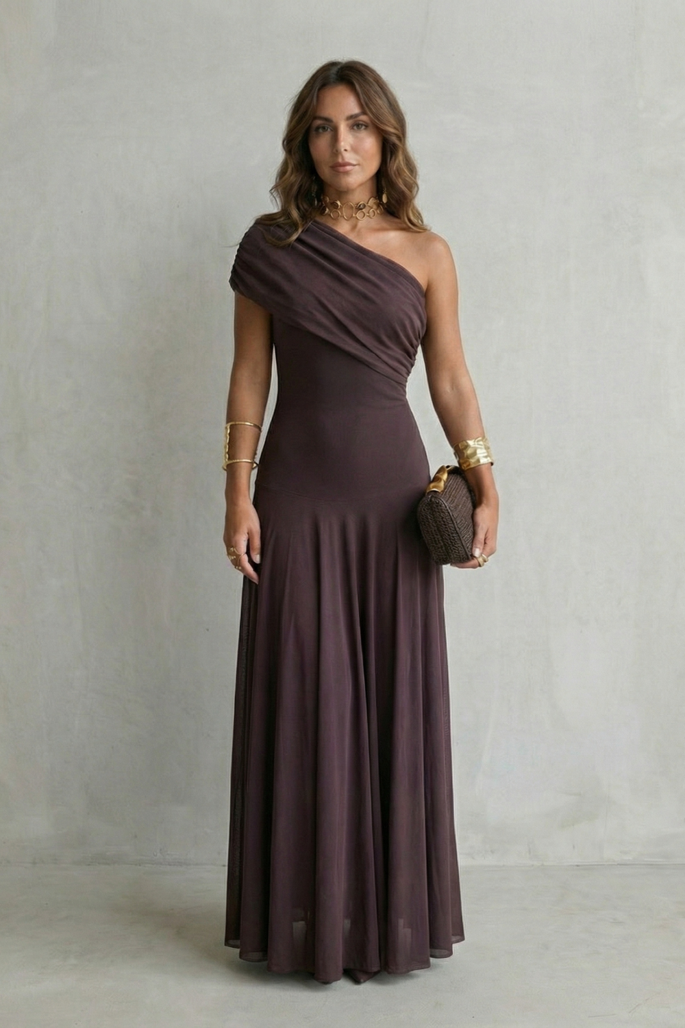 Bellamare – Elegante vestido maxi con escote drapeado de un solo hombro