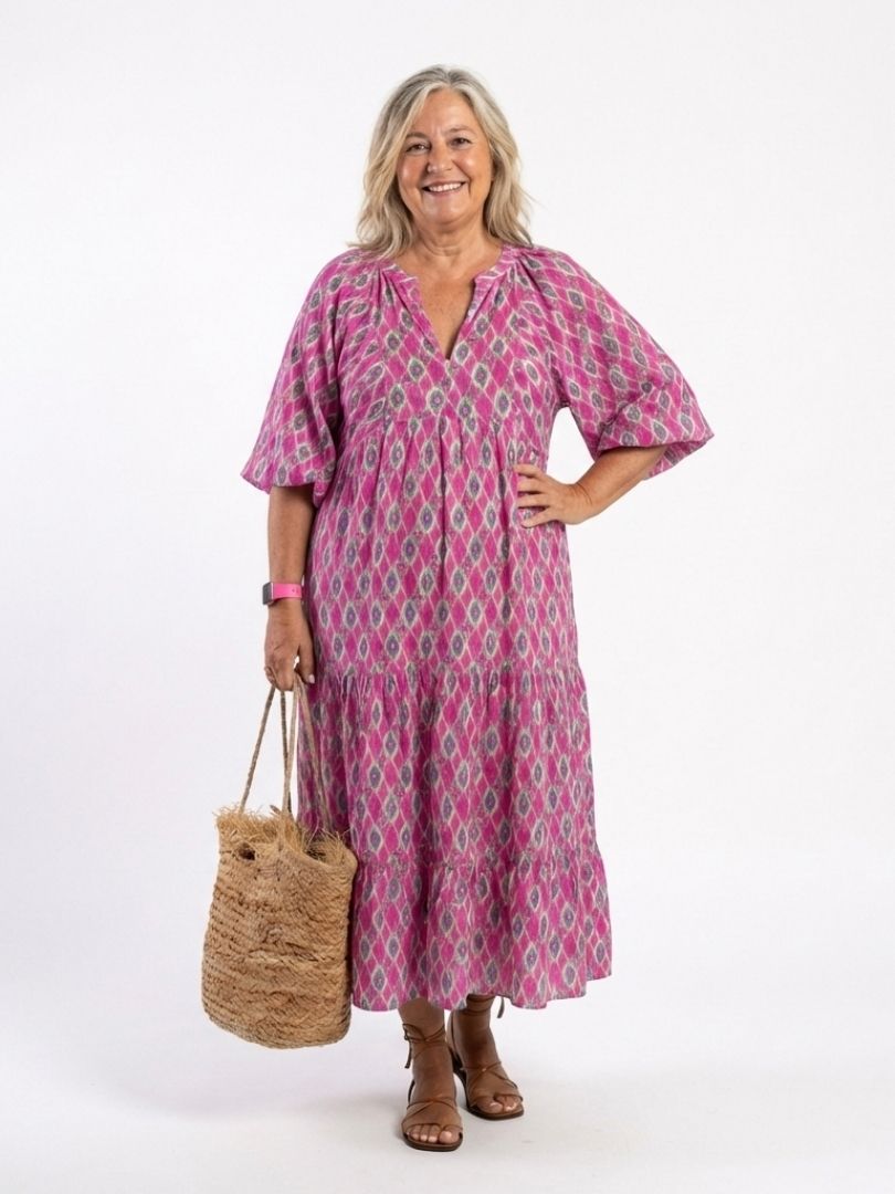 Apolline | Vestido midi de cuello en V con mangas tres cuartos y estampado