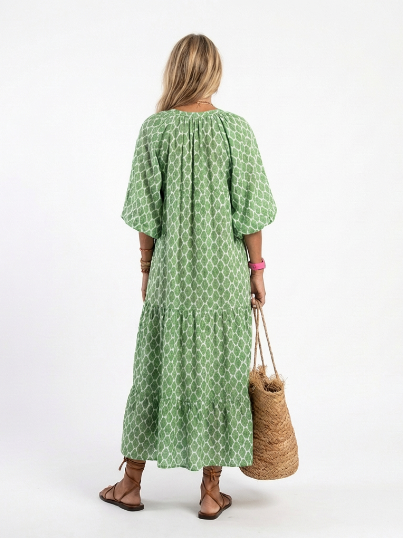 Mercedes | Vestido midi estampado con manga tres cuartos y escote en V