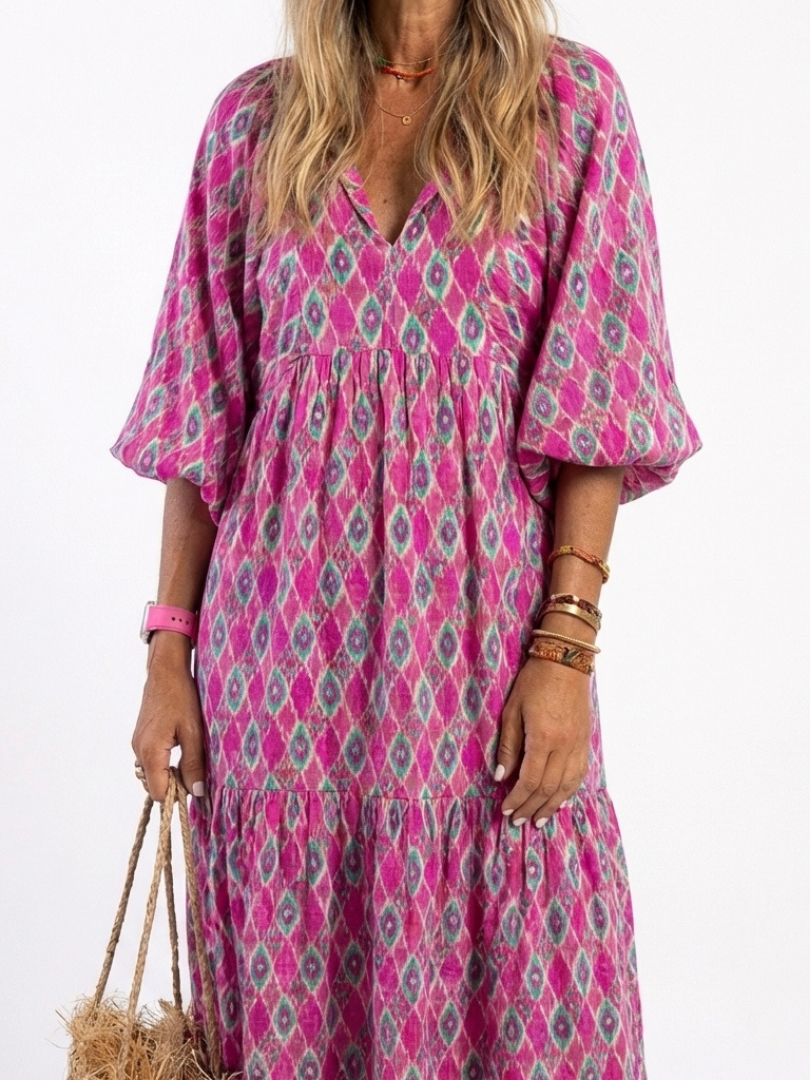 Apolline | Vestido midi de cuello en V con mangas tres cuartos y estampado