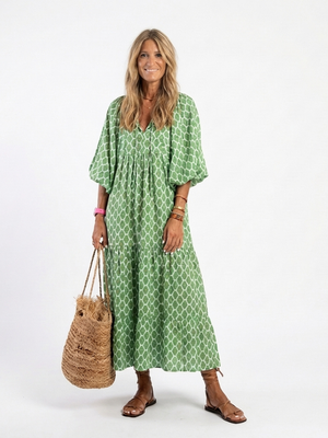Apolline | Vestido midi de cuello en V con mangas tres cuartos y estampado