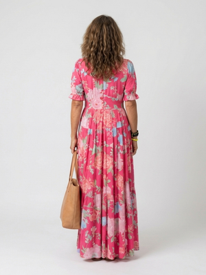 Amparo | Vestido midi con estampado floral de manga corta y escote en V