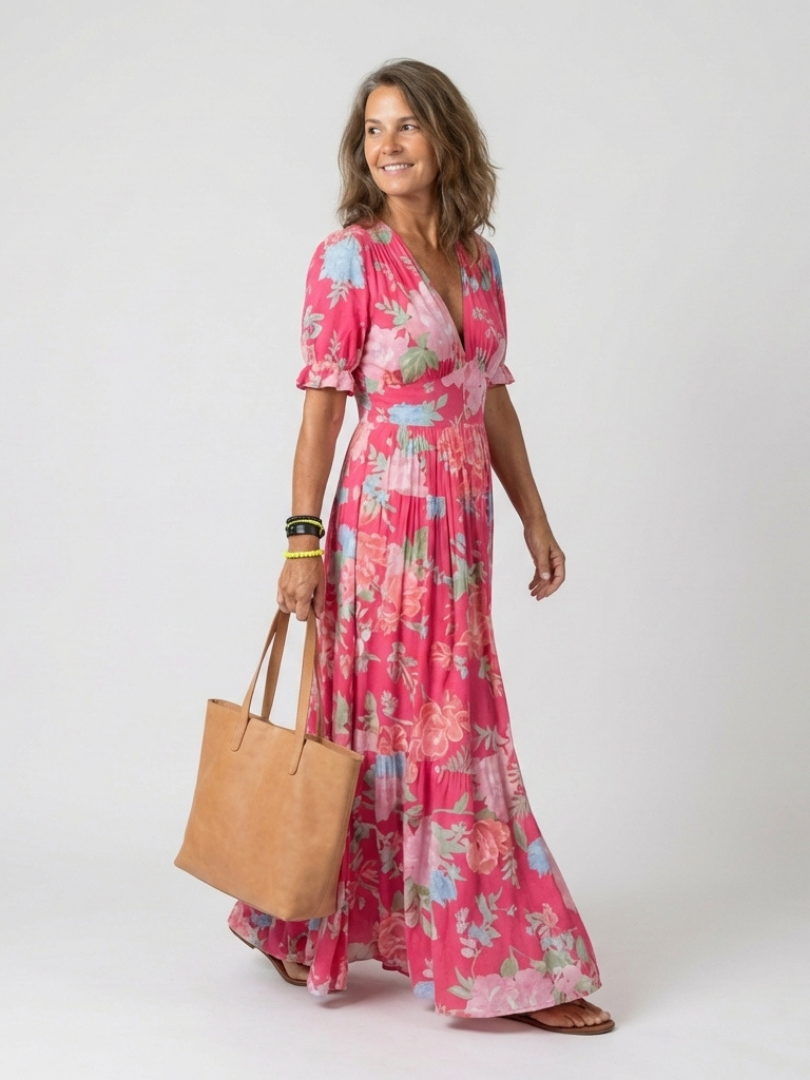 Amparo | Vestido midi con estampado floral de manga corta y escote en V