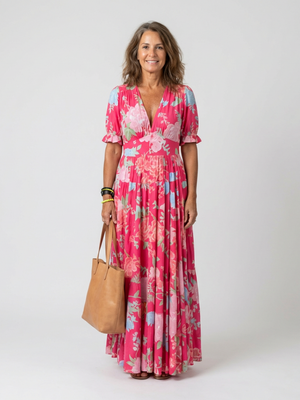 Amparo | Vestido midi con estampado floral de manga corta y escote en V