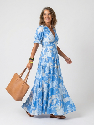 Amparo | Vestido midi con estampado floral de manga corta y escote en V