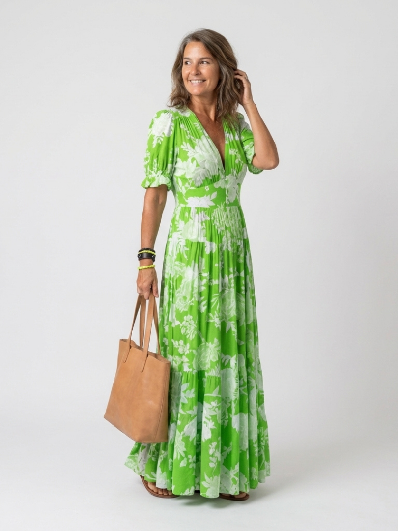 Amparo | Vestido midi con estampado floral de manga corta y escote en V