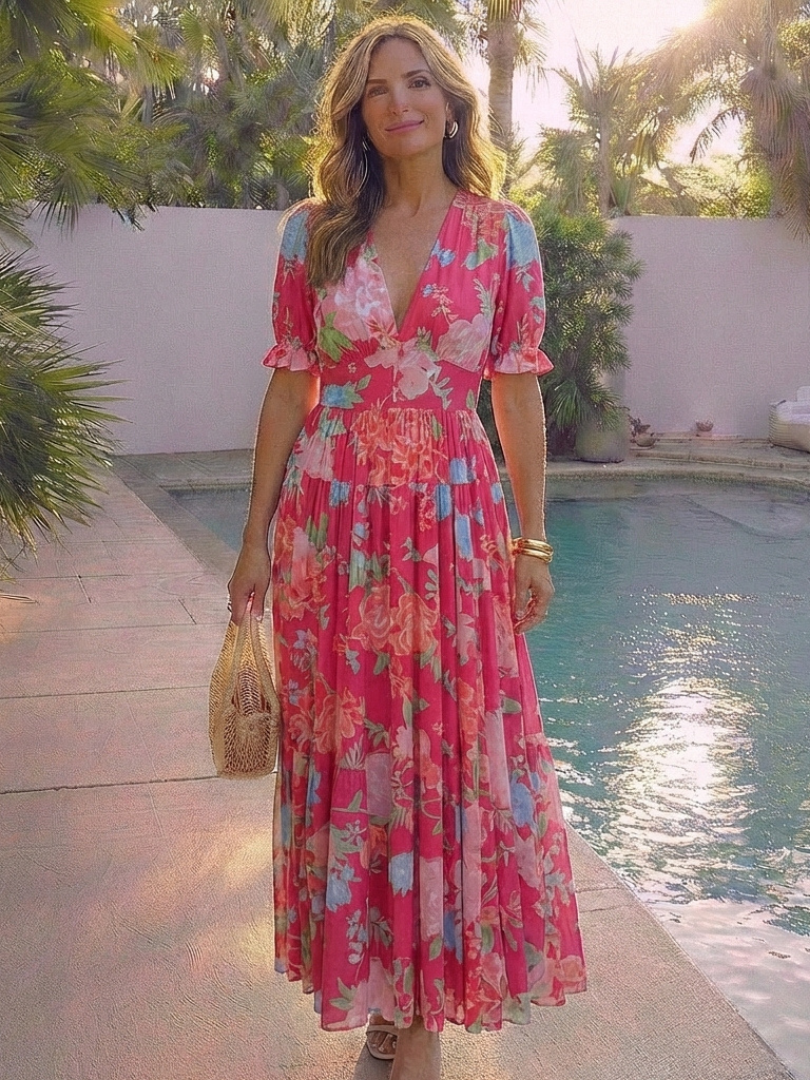 Amparo | Vestido midi con estampado floral de manga corta y escote en V