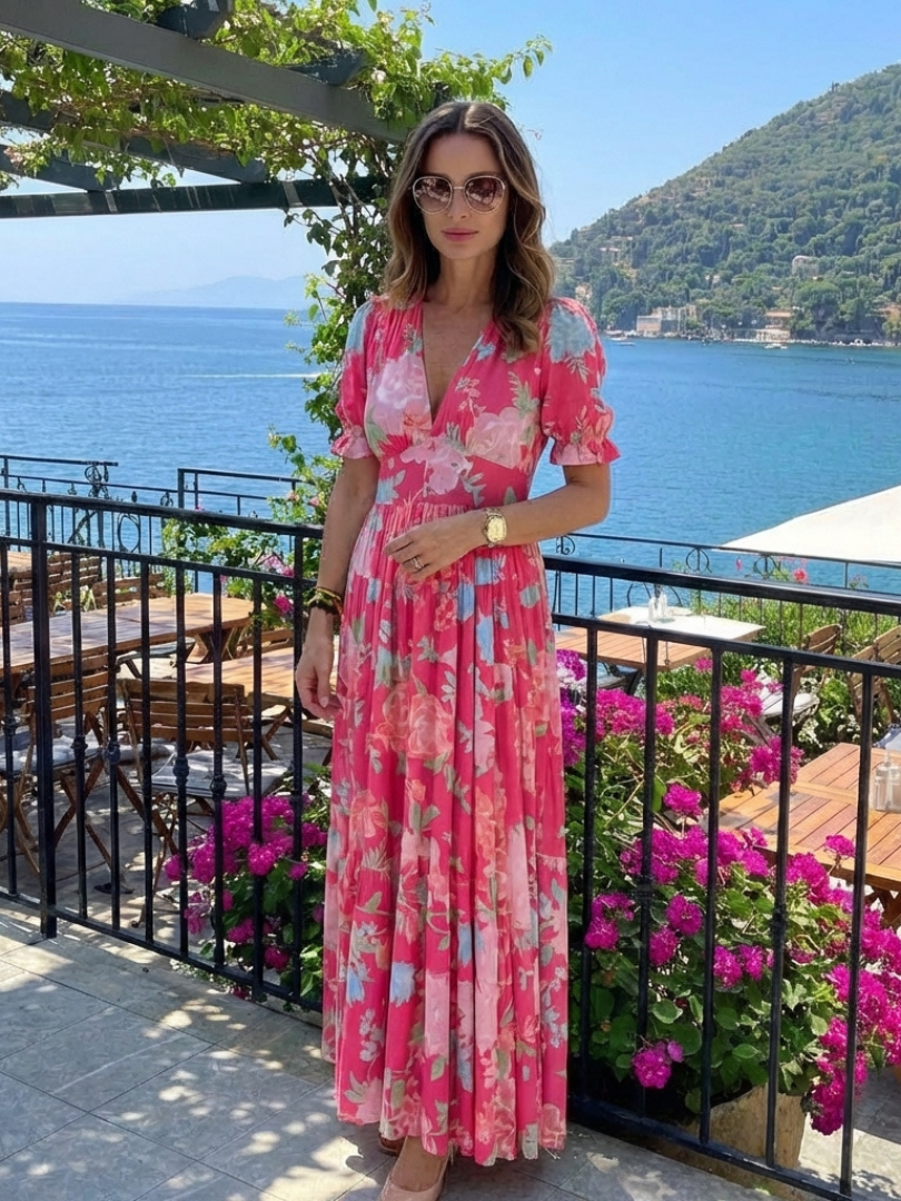 Amparo | Vestido midi con estampado floral de manga corta y escote en V
