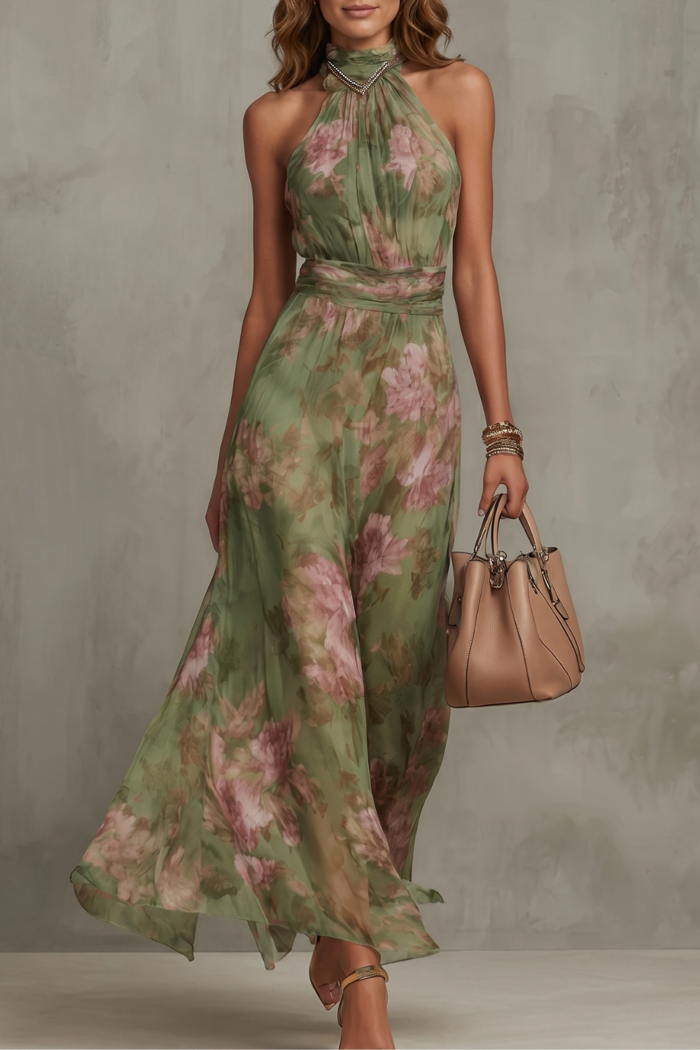 Floréa – Silueta de halter floral romántica – Vestido maxi