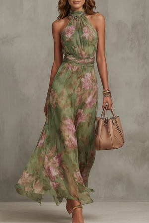 Floréa – Silueta de halter floral romántica – Vestido maxi