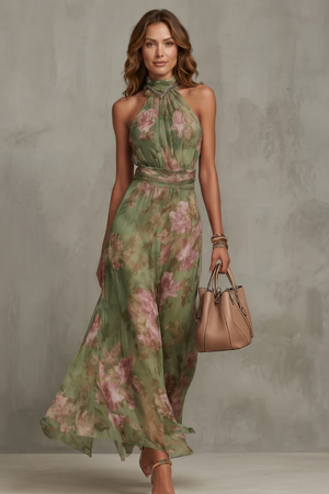 Floréa – Silueta de halter floral romántica – Vestido maxi