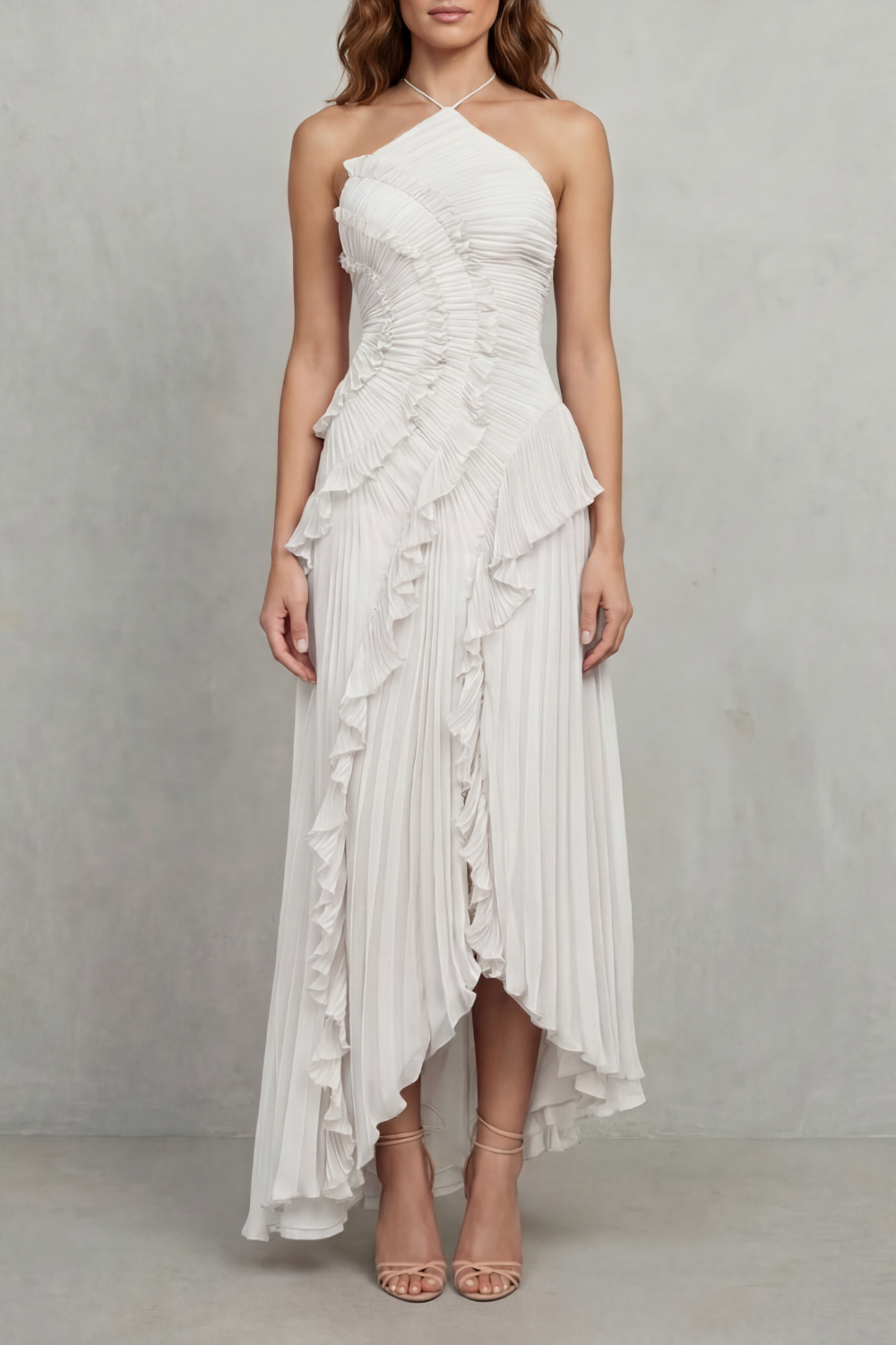 Lavirea – Pliegues esculpidos – Vestido midi de un solo hombro