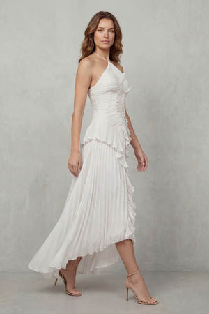 Lavirea – Pliegues esculpidos – Vestido midi de un solo hombro