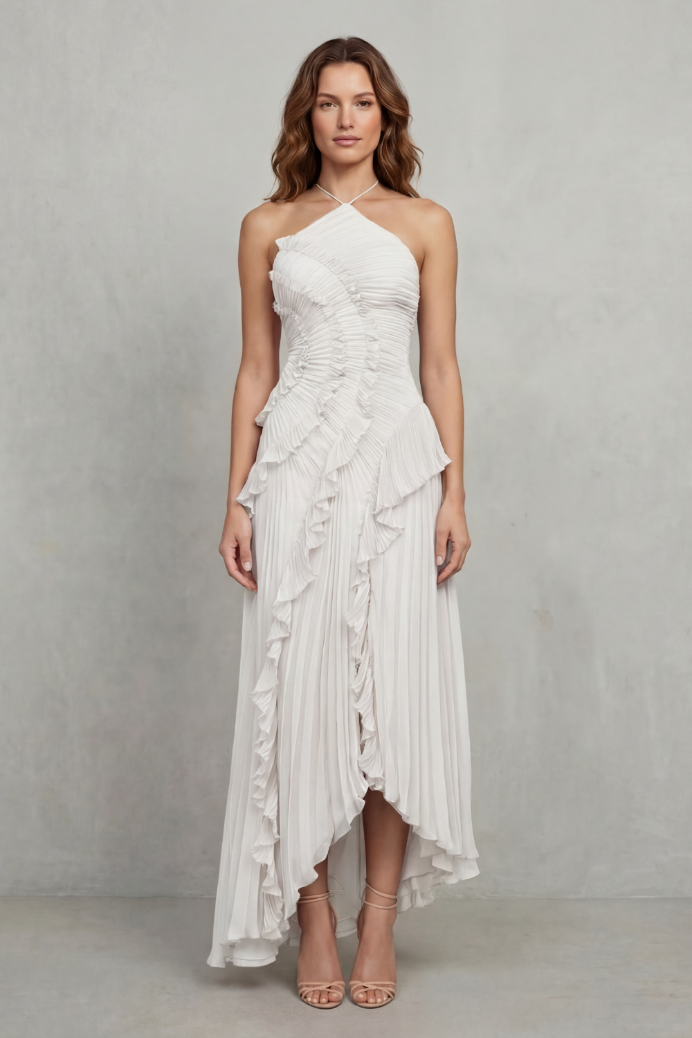 Lavirea – Pliegues esculpidos – Vestido midi de un solo hombro
