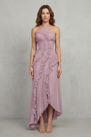 Lavirea – Pliegues esculpidos – Vestido midi de un solo hombro