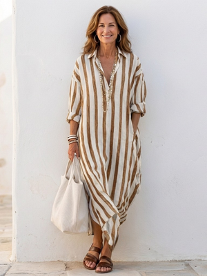 Naomi | Vestido Camisero Midi de Manga Larga a Rayas