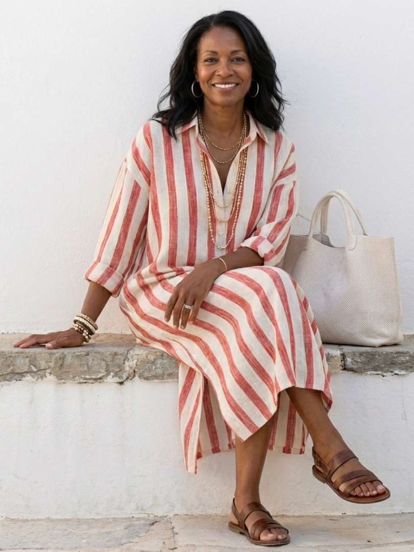 Naomi | Vestido Camisero Midi de Manga Larga a Rayas