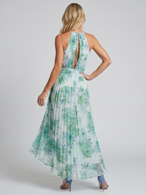 Portia | Vestido Midi de Flores con Pliegues y Cuello Halter