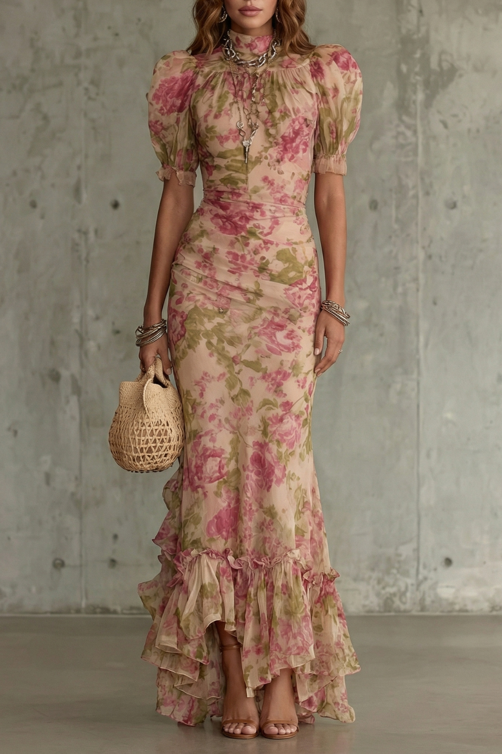 Roselique – Silueta floral romántica – Vestido maxi