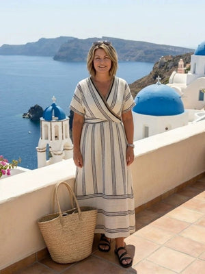 Teresa | Vestido midi de cintura envolvente con escote en V y manga corta
