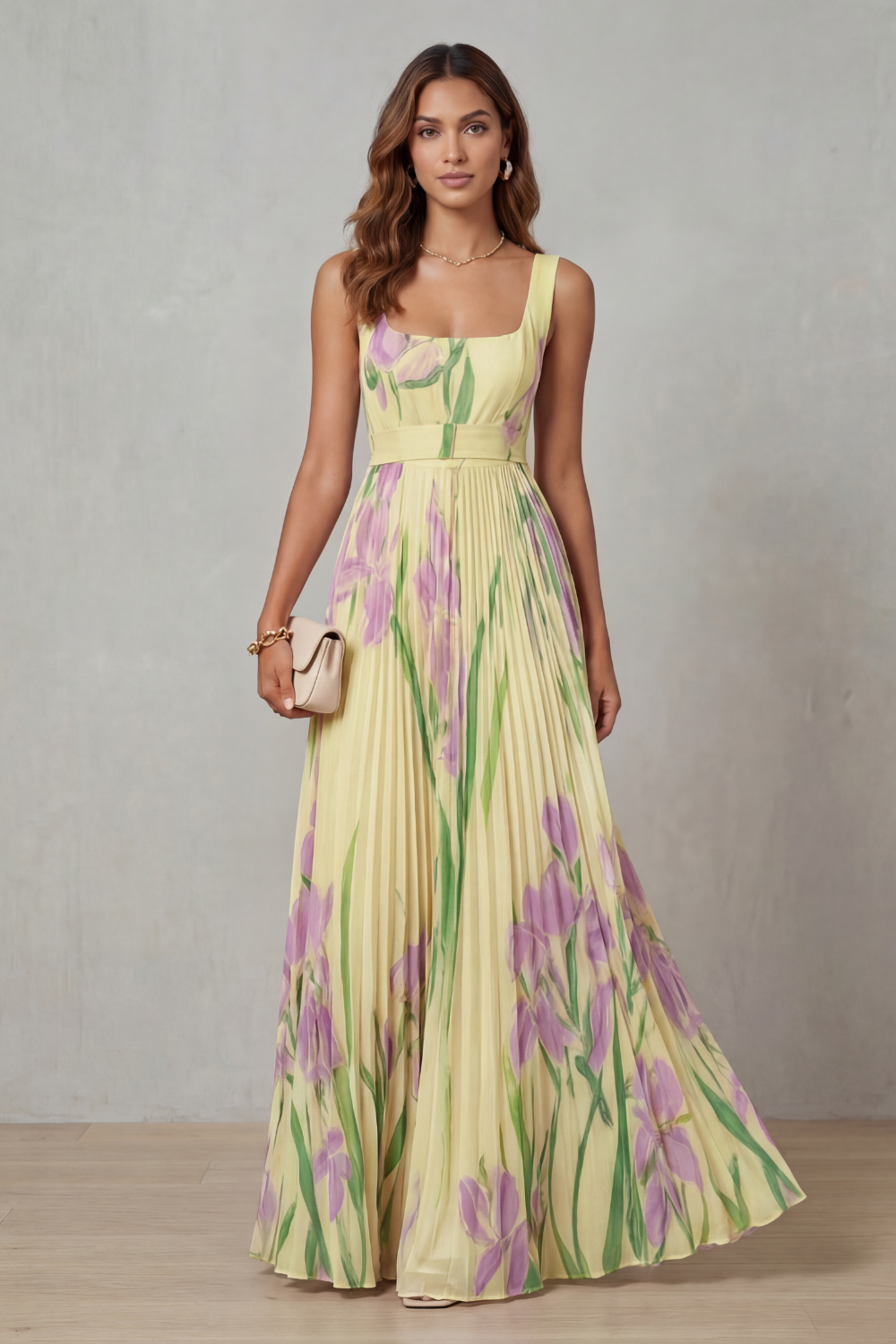 Vivienna – Vestido maxi plisado de flores en acuarela