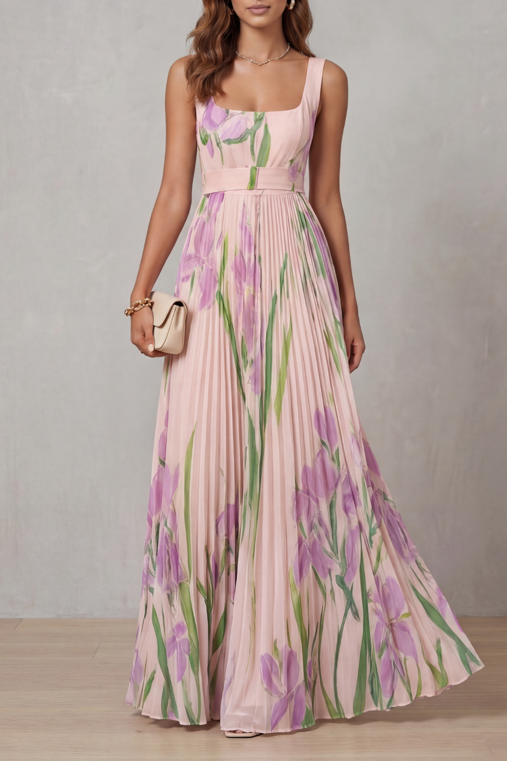 Vivienna – Vestido maxi plisado de flores en acuarela
