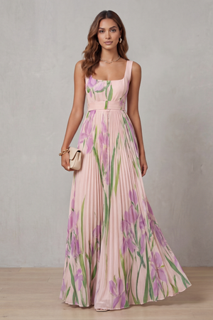 Vivienna – Vestido maxi plisado de flores en acuarela