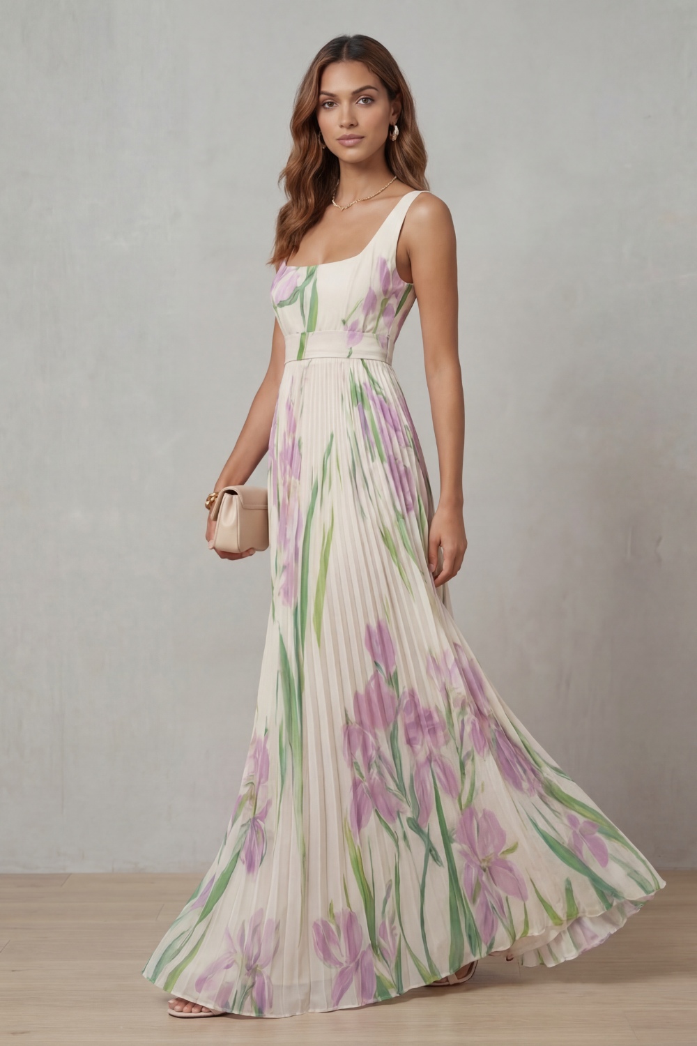 Vivienna – Vestido maxi plisado de flores en acuarela
