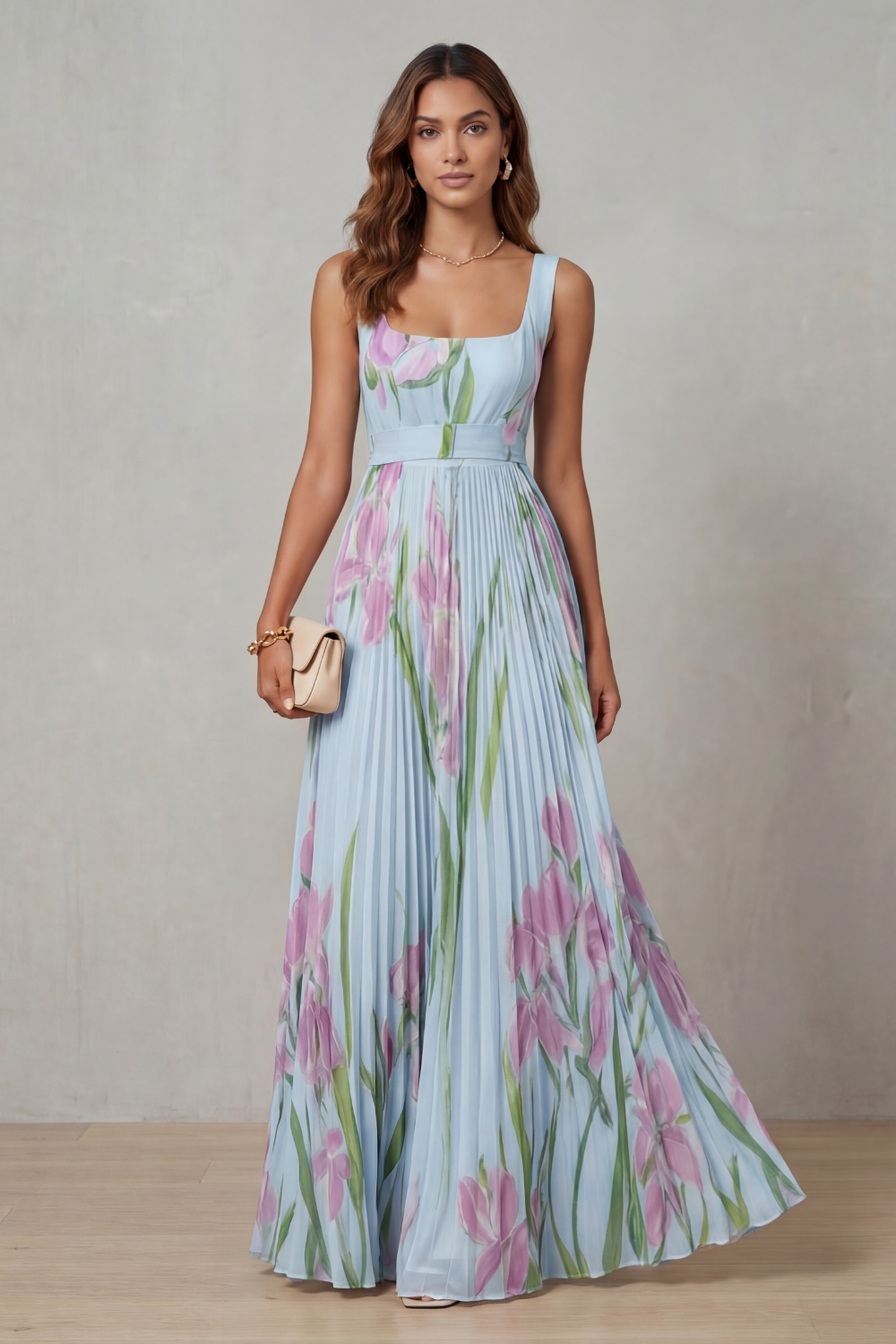 Vivienna – Vestido maxi plisado de flores en acuarela