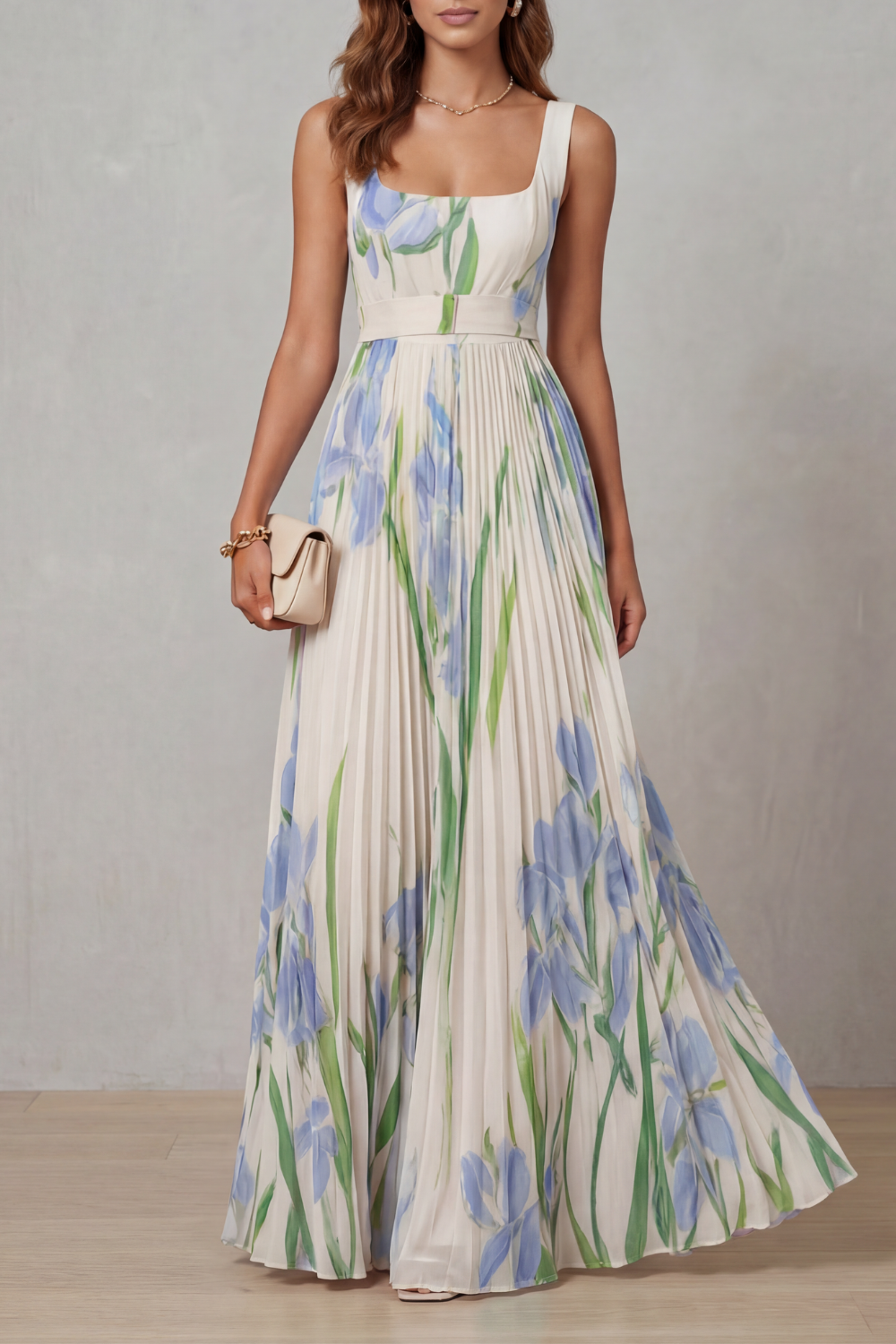 Vivienna – Vestido maxi plisado de flores en acuarela
