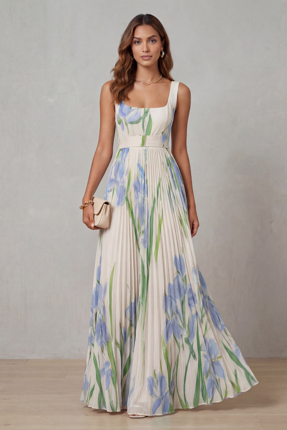 Vivienna – Vestido maxi plisado de flores en acuarela