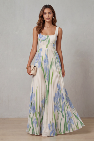 Vivienna – Vestido maxi plisado de flores en acuarela