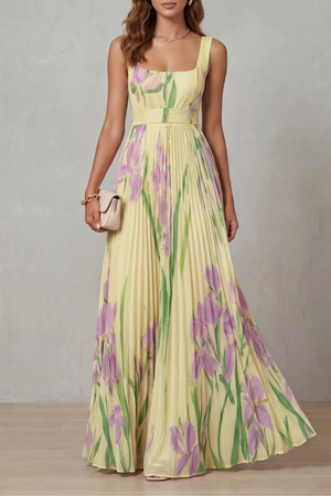 Vivienna – Vestido maxi plisado de flores en acuarela