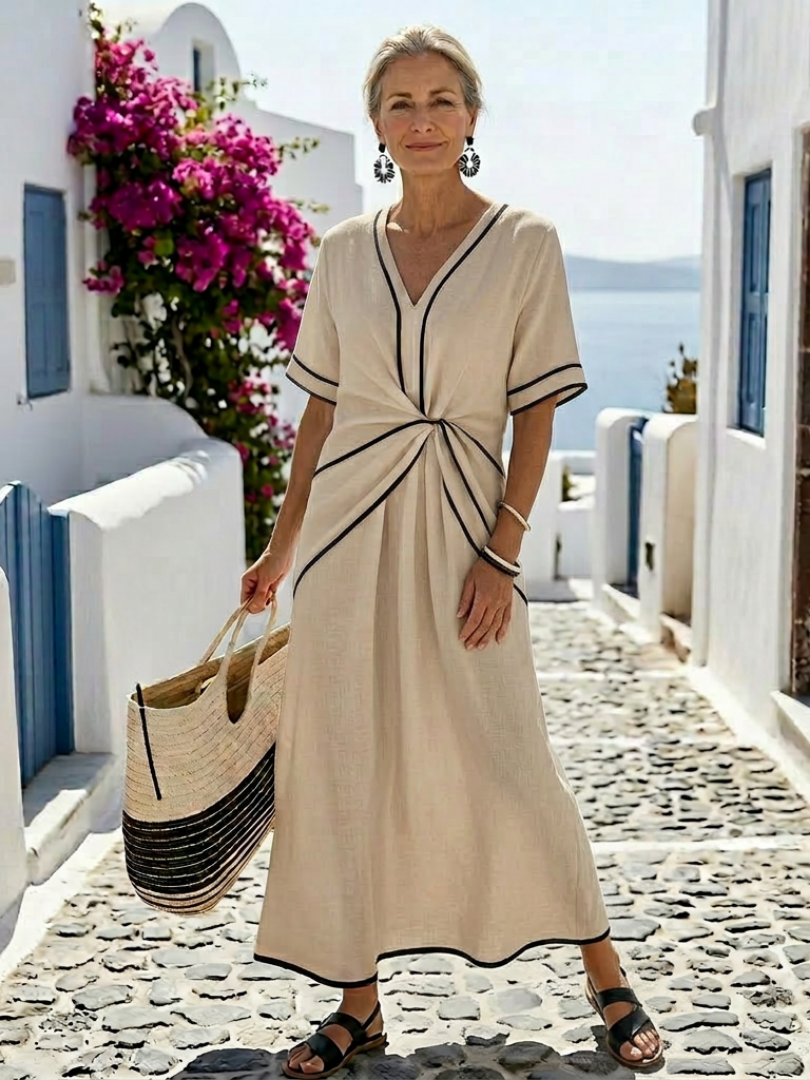 Itziar | Vestido midi con escote en V y manga corta, cintura fruncida