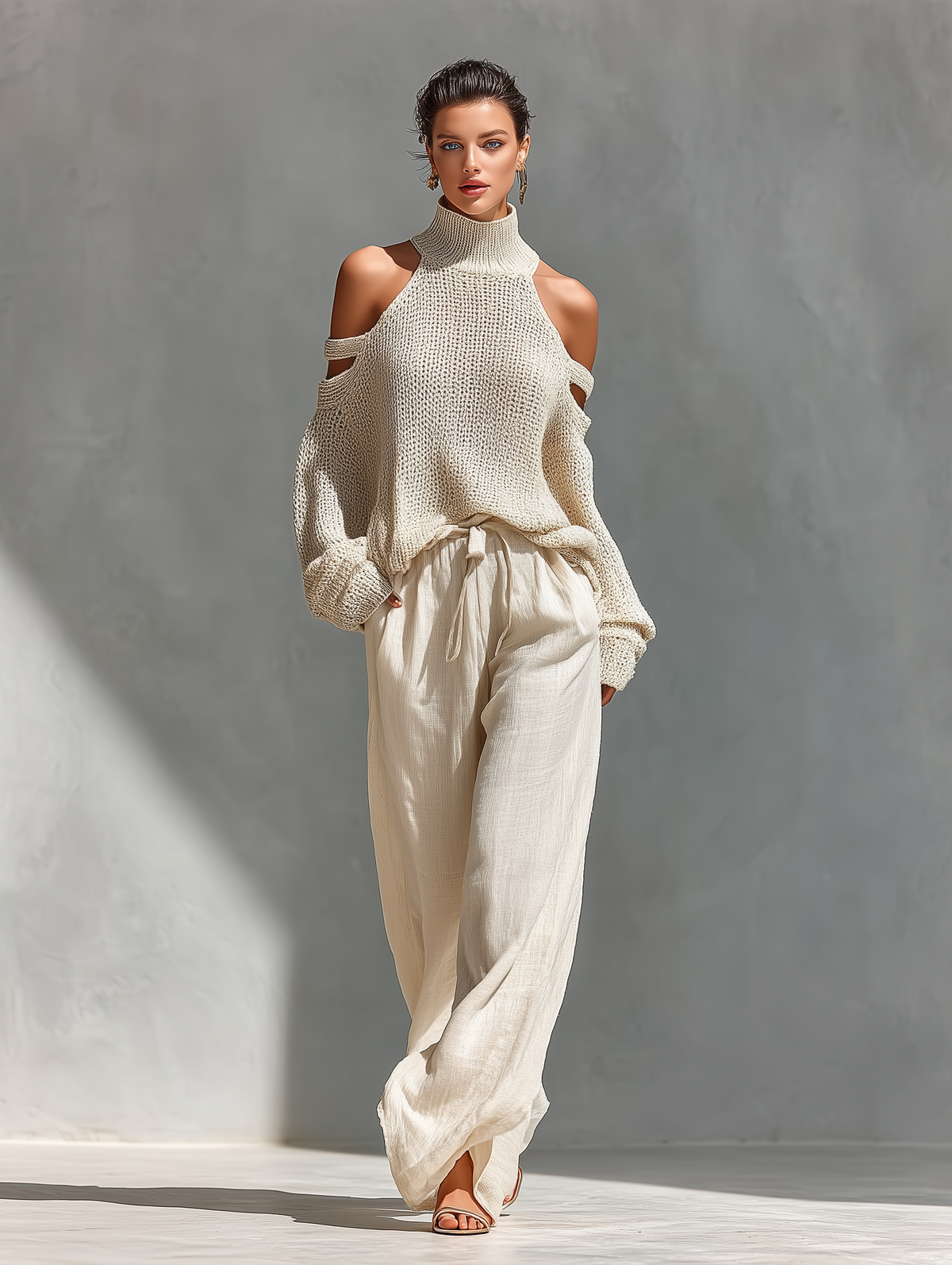 Conjunto de top de cuello tortuga en punto beige con hombros al descubierto y pantalones de pierna ancha
