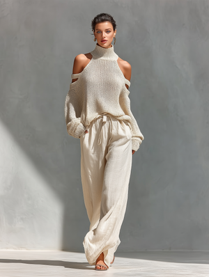 Conjunto de top de cuello tortuga en punto beige con hombros al descubierto y pantalones de pierna ancha