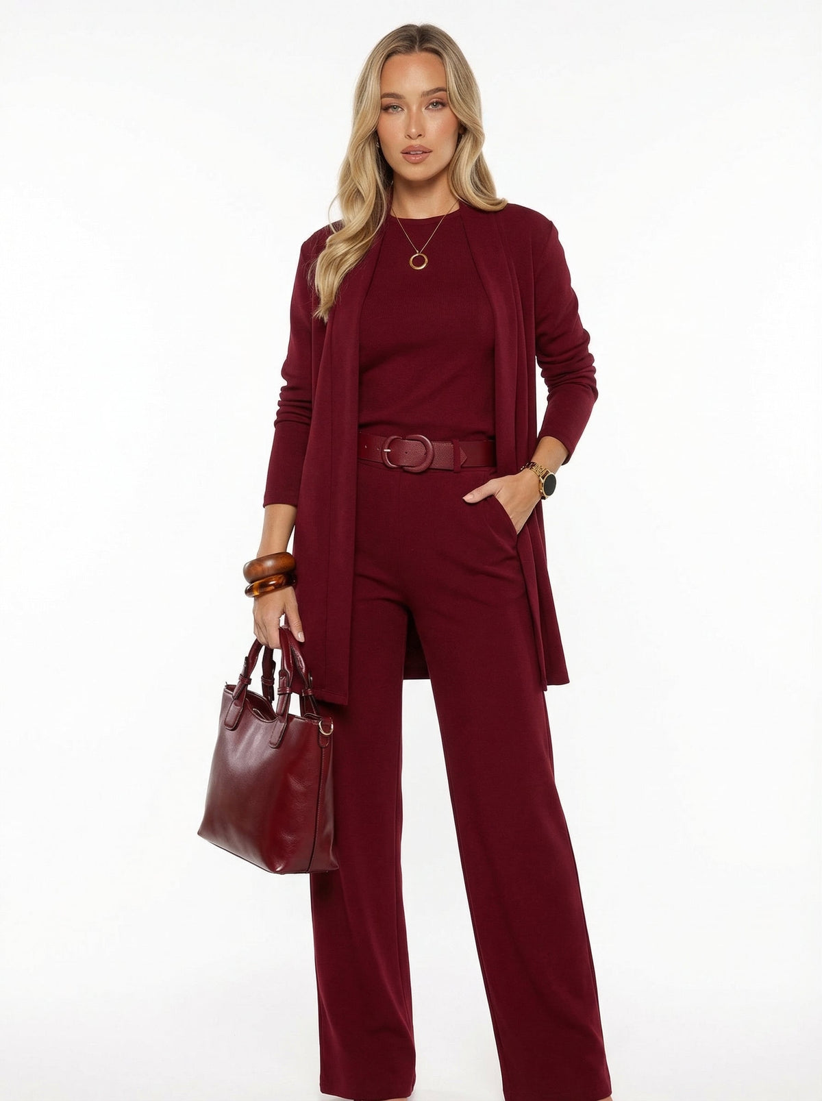 Conjunto Elena - cárdigan largo, top y pantalón.