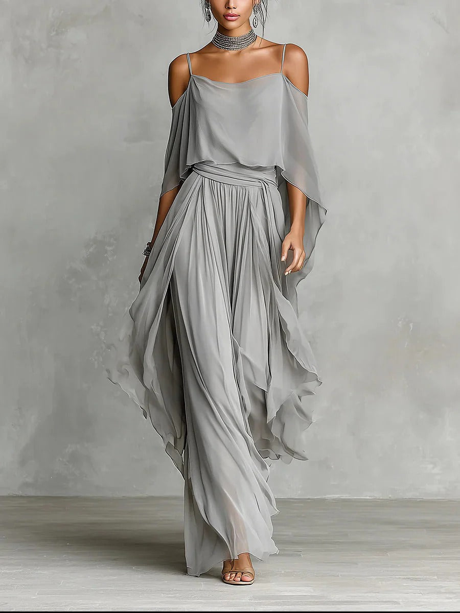 Miren | Conjunto fluido gris con top de tirantes y pantalón ligero