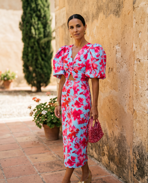 María | Vestido Midi Estampado con Mangas Abullonadas