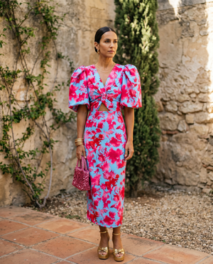 María | Vestido Midi Estampado con Mangas Abullonadas
