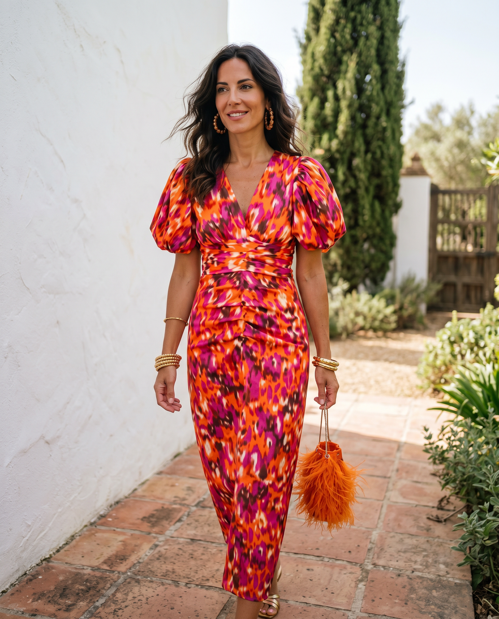 María | Vestido Midi Estampado con Mangas Abullonadas