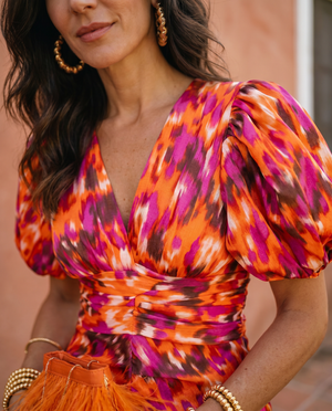 María | Vestido Midi Estampado con Mangas Abullonadas