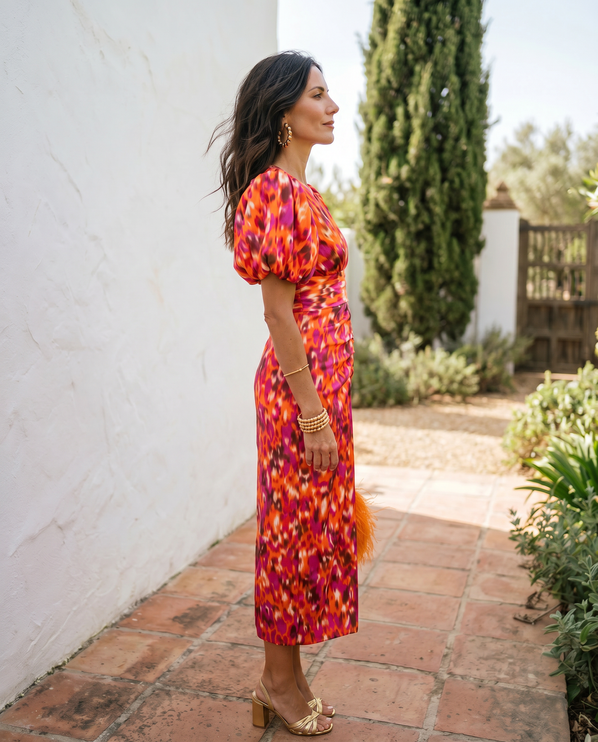 María | Vestido Midi Estampado con Mangas Abullonadas