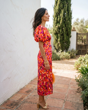 María | Vestido Midi Estampado con Mangas Abullonadas