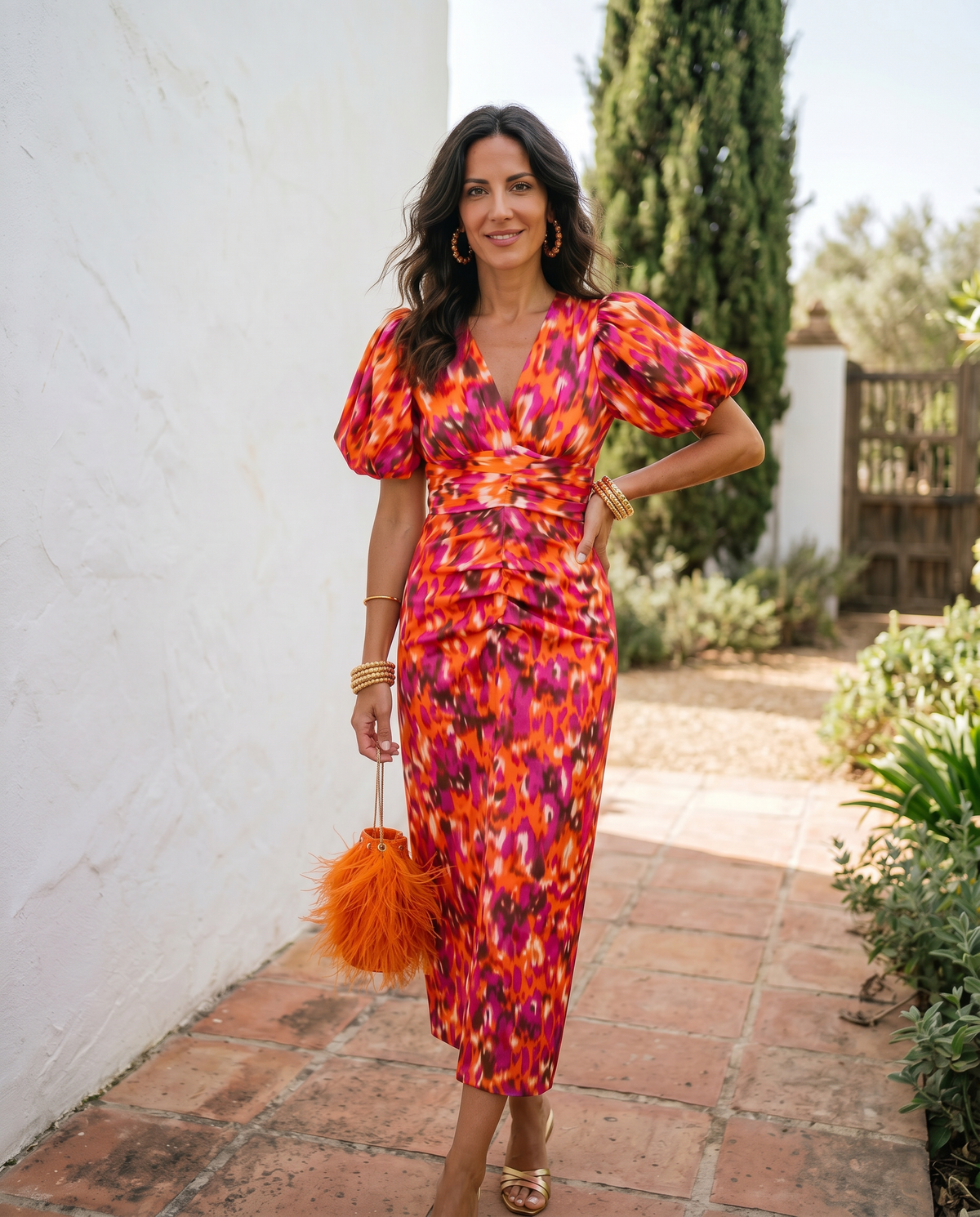 María | Vestido Midi Estampado con Mangas Abullonadas