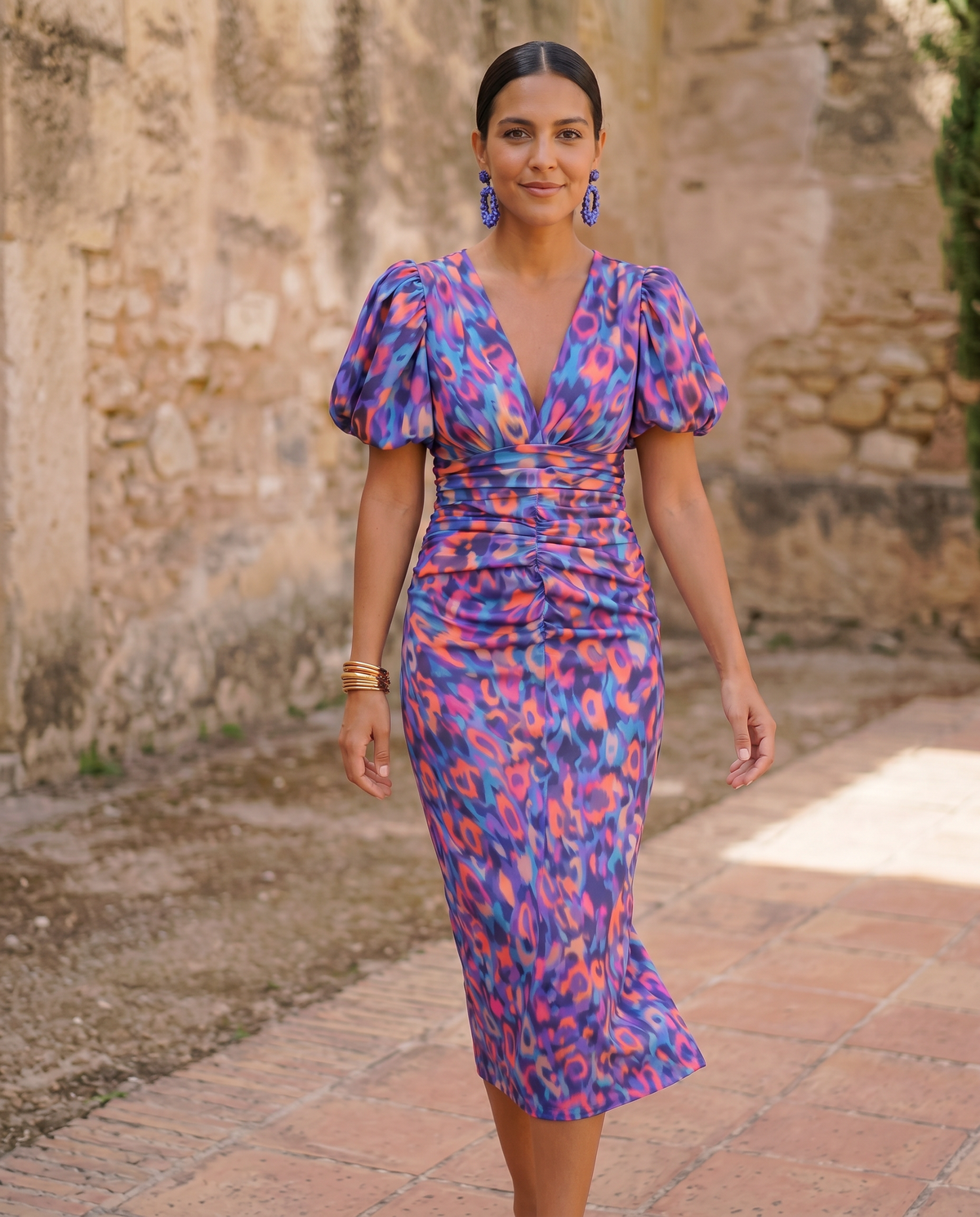 María | Vestido Midi Estampado con Mangas Abullonadas