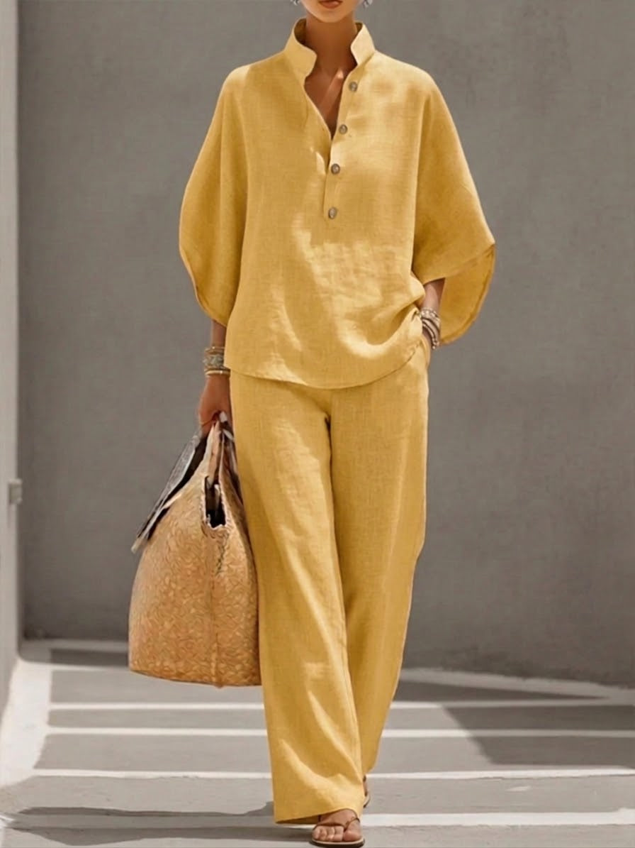 Garazi | Conjunto de lino con mangas murciélago y pantalón ancho